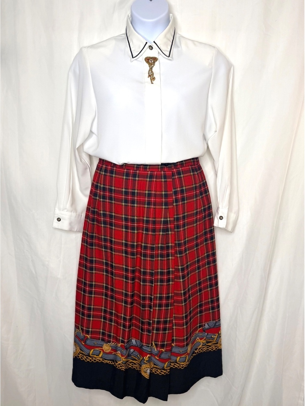 Vintage 90s Koret Plaid Gold Heart Chain Print 2-Piece Set Size 14